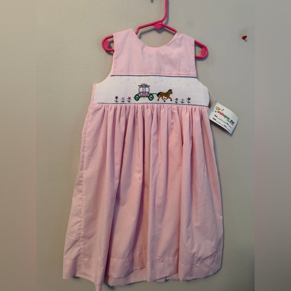 Wish Upon a Star Horse Pulling Carriage Pink Smocked Dress